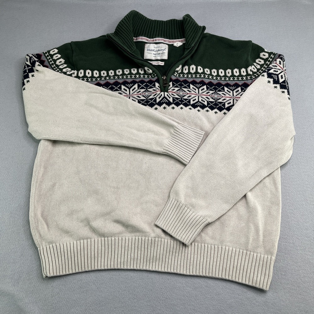 Original Weatherproof Vintage Mens Quarter Zip Snowflake Pullover Sweater Large